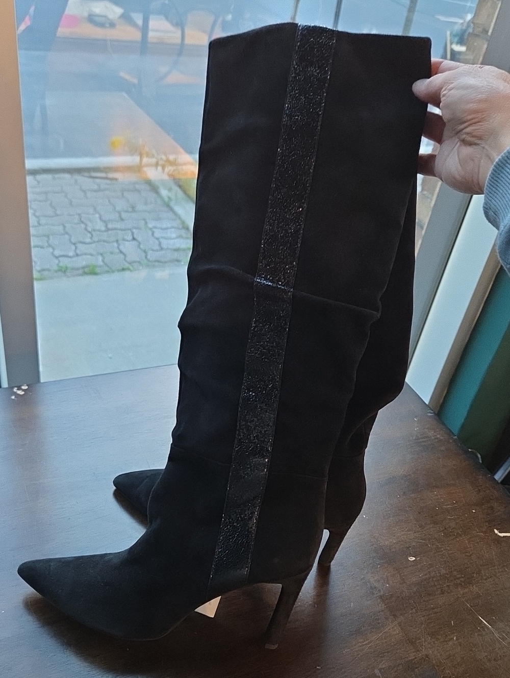 Geox Size 10 Classic Black Suede Stiletto Knee Boots with Glitter Detail NEW